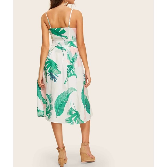 White Leaf Print Cut Out Button Down Midi Dress - Picture 2 of 6